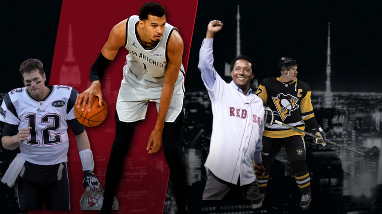 Tom Brady, Victor Wembanyama, Pedro Martinez and Sidney Crosby in the New York Sports Villains Hall of Fame.