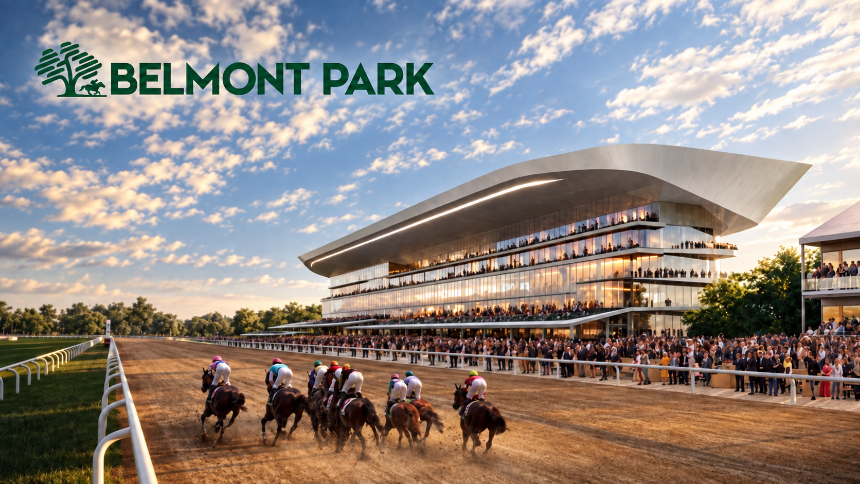 Rendering of horses racing past the new Belmont Park grandstand