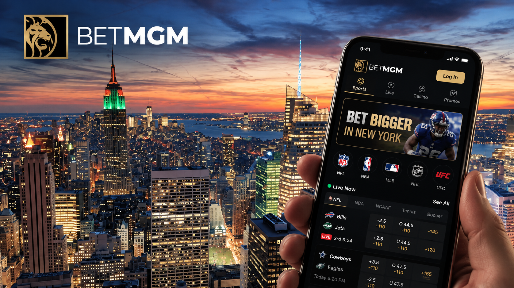 BetMGM Sportsbook mobile app displayed on a smartphone against the New York City skyline.