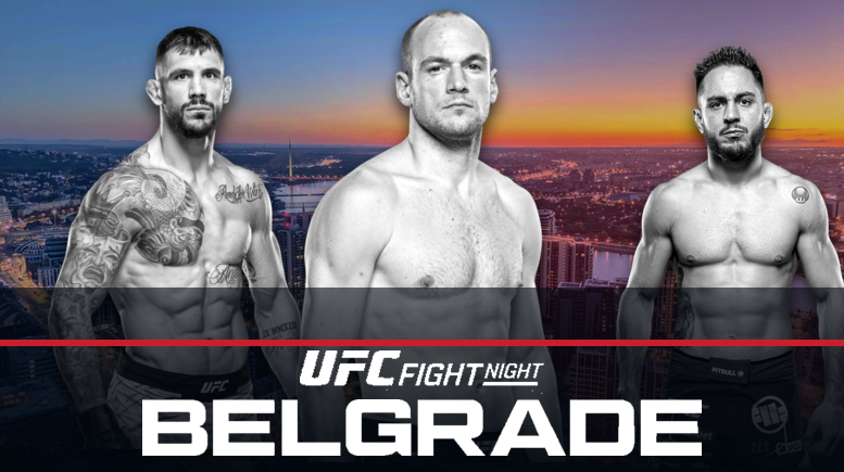 Uroš Medić, Aleksandar Rakić and Miloš Janičić in front of the Belgrade skyline for UFC Fight Night Belgrade