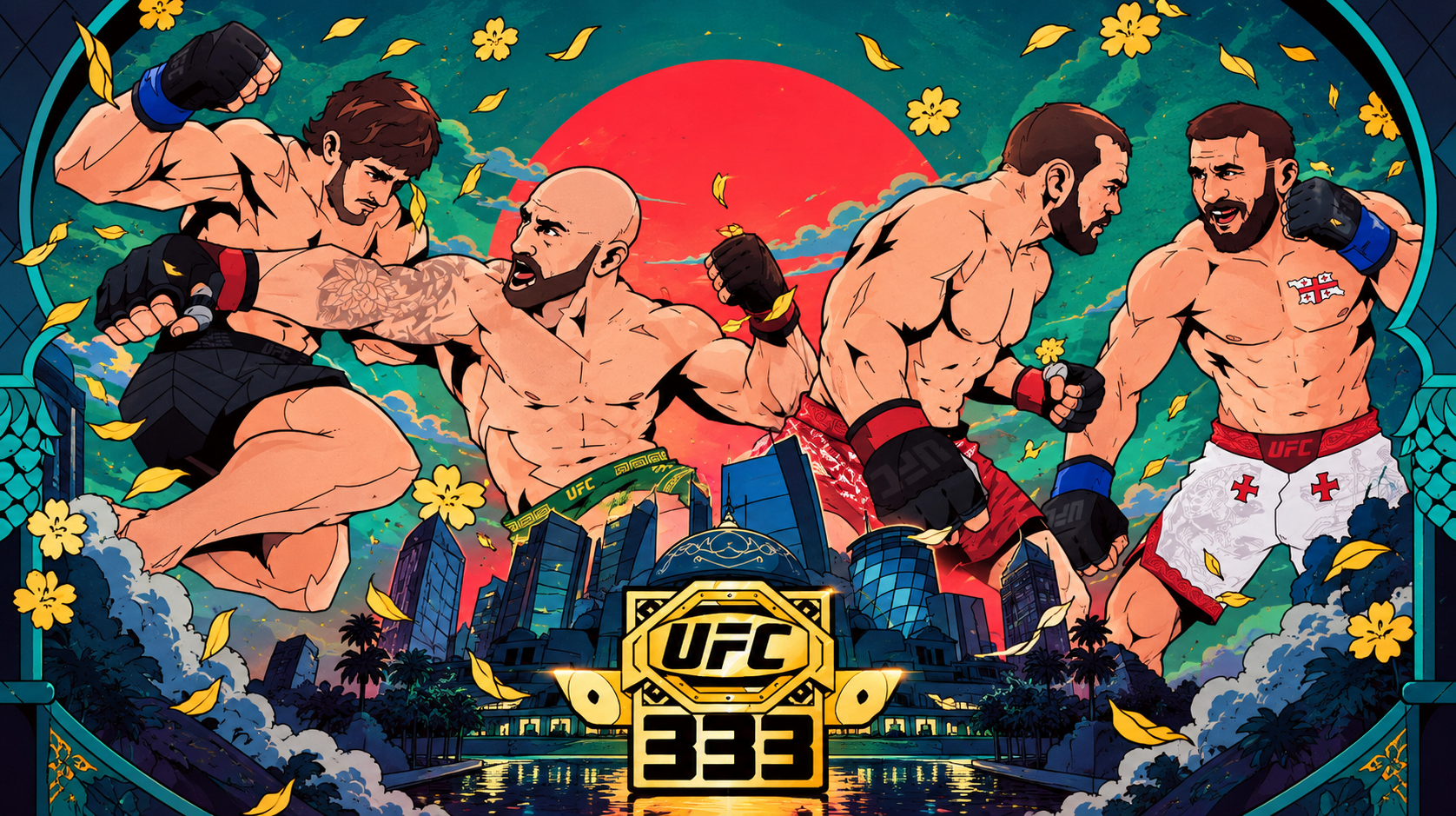 UFC 333 illustrated fight poster featuring Volkanovski vs Evloev and Yan vs Dvalishvili ahead of October 24, 2026.
